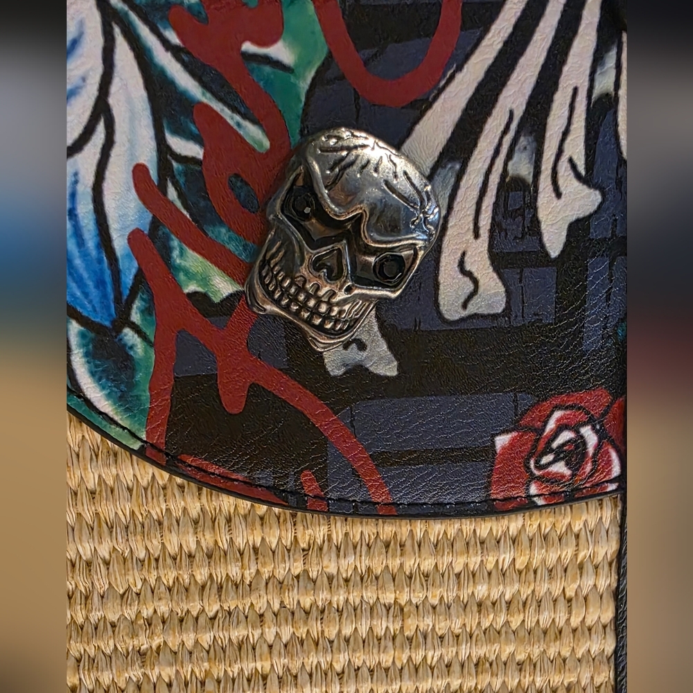 Ed Hardy Straw/Woven Tote Bag Rhinestones  Crossbody Strap Love Kills Slowly - Picture 7 of 15